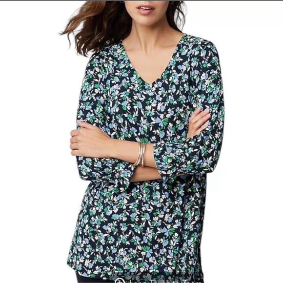 J Jill Women Top Blouse Sz S Blue Floral Wearever Smocked Tunic Stretch Ruffled - Picture 1 of 9